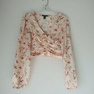 Forever 21 women's size S cream, pink and green floral long sleeve crop top